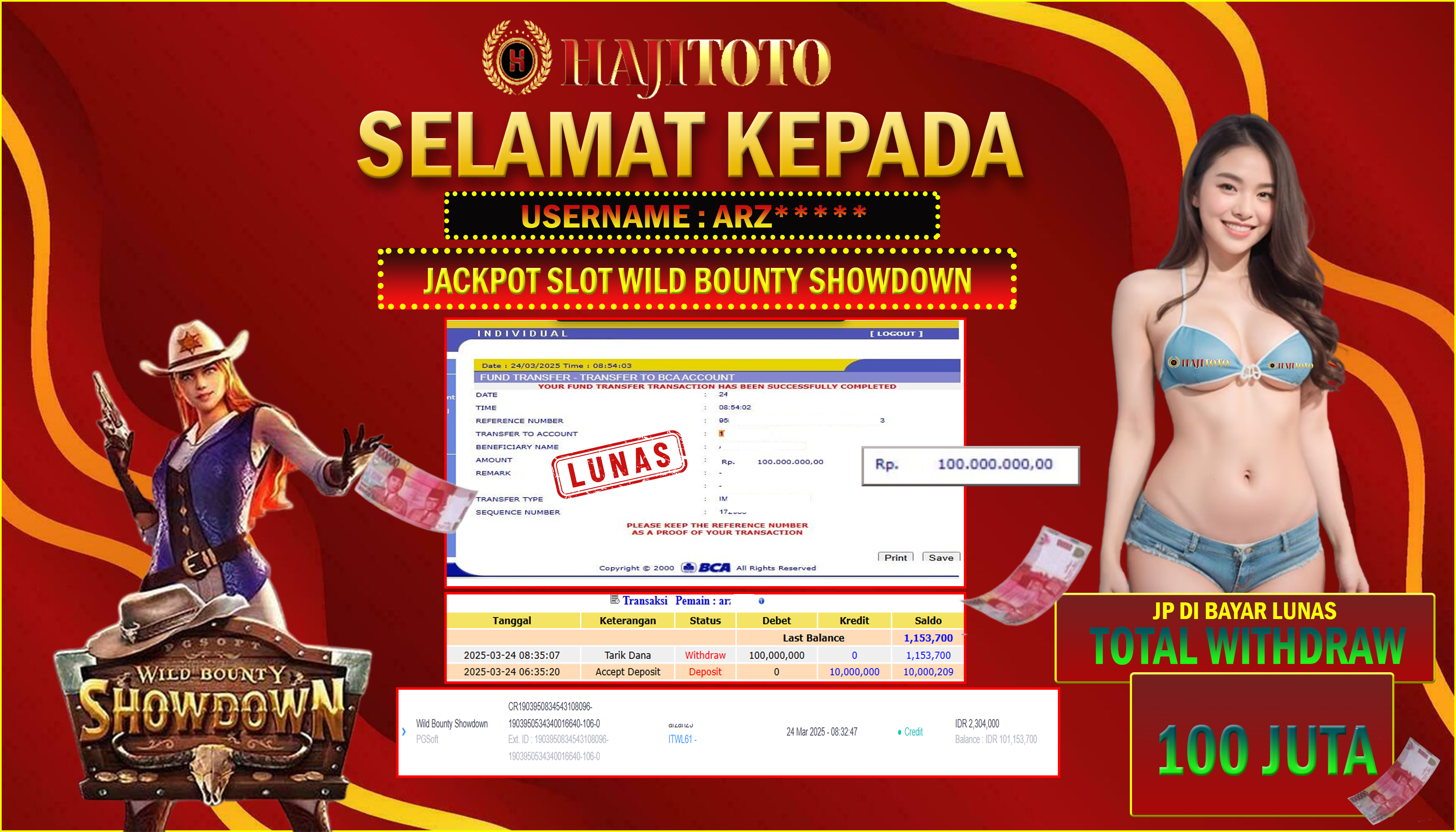SELAMAT KEPADA PEMENANG MEMBER MERAIH JACKPOT DI GAME SLOT WILD BOUNTY SHOWDOWN  TOTAL RP 100.000.000 DI BAYAR LUNAS